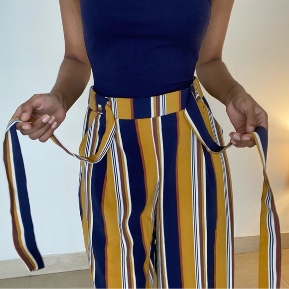 Zara Culotte wide leg trousers, mustard Yellow with navy brown white stripes - Picture 4 of 6